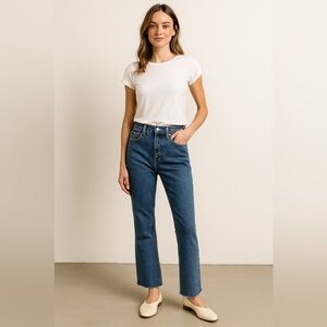 CLUB MONACO medium wash high waisted raw hem straight leg jeans size 27